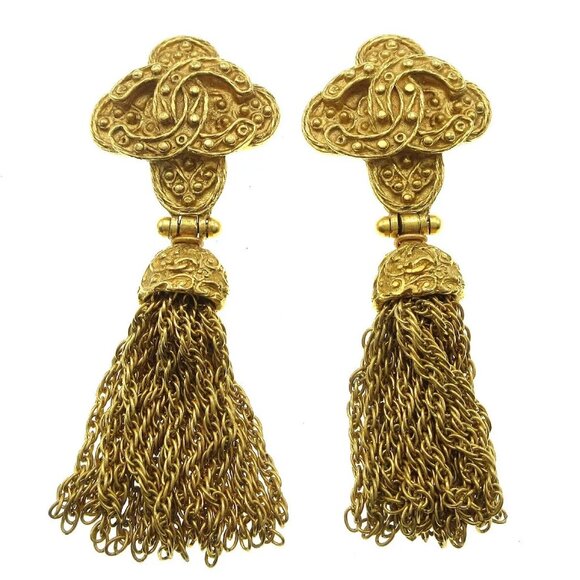Chanel Fringe Dangle Earrings Clip-On Gold 94A - Picture 1 of 5